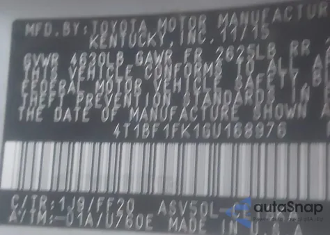 2016 Toyota Camry Se из США, поврежденный, VIN 4T1BF1FK1GU168976